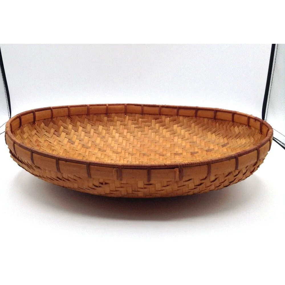 Vtg Bamboo Woven Basket Oval Handmade Storage Gathering Bowl Boho Home Decor 15